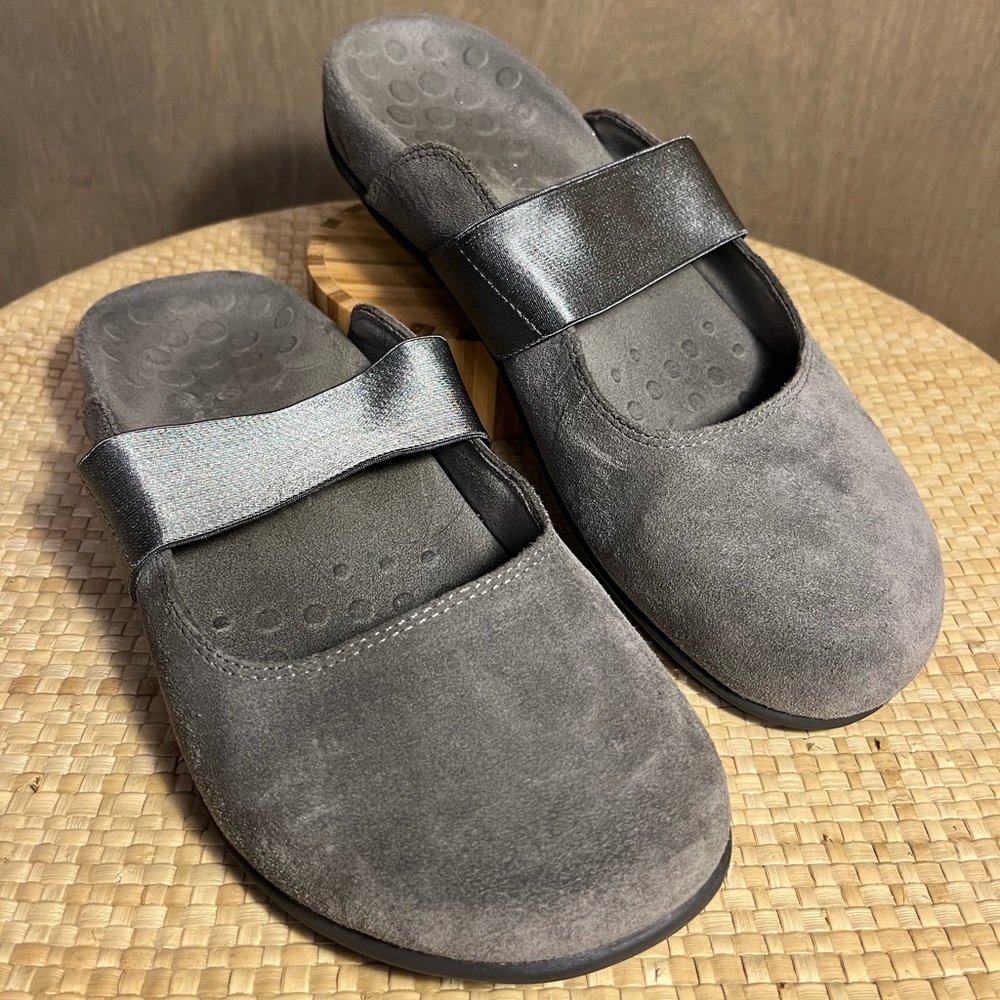 Vionic Gray Suede Slip-On Clogs with Metallic Strap